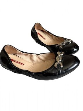 Authentic Vintage Prada Linea Rossa Patent Chain Ballet Flats Black 8.5 Y2K 38.5